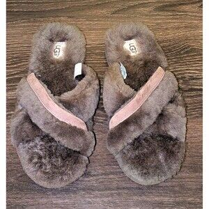 UGG Fluff Women’s Slide Slippers Gray Fur Lined Open Toe Slip On US 9
